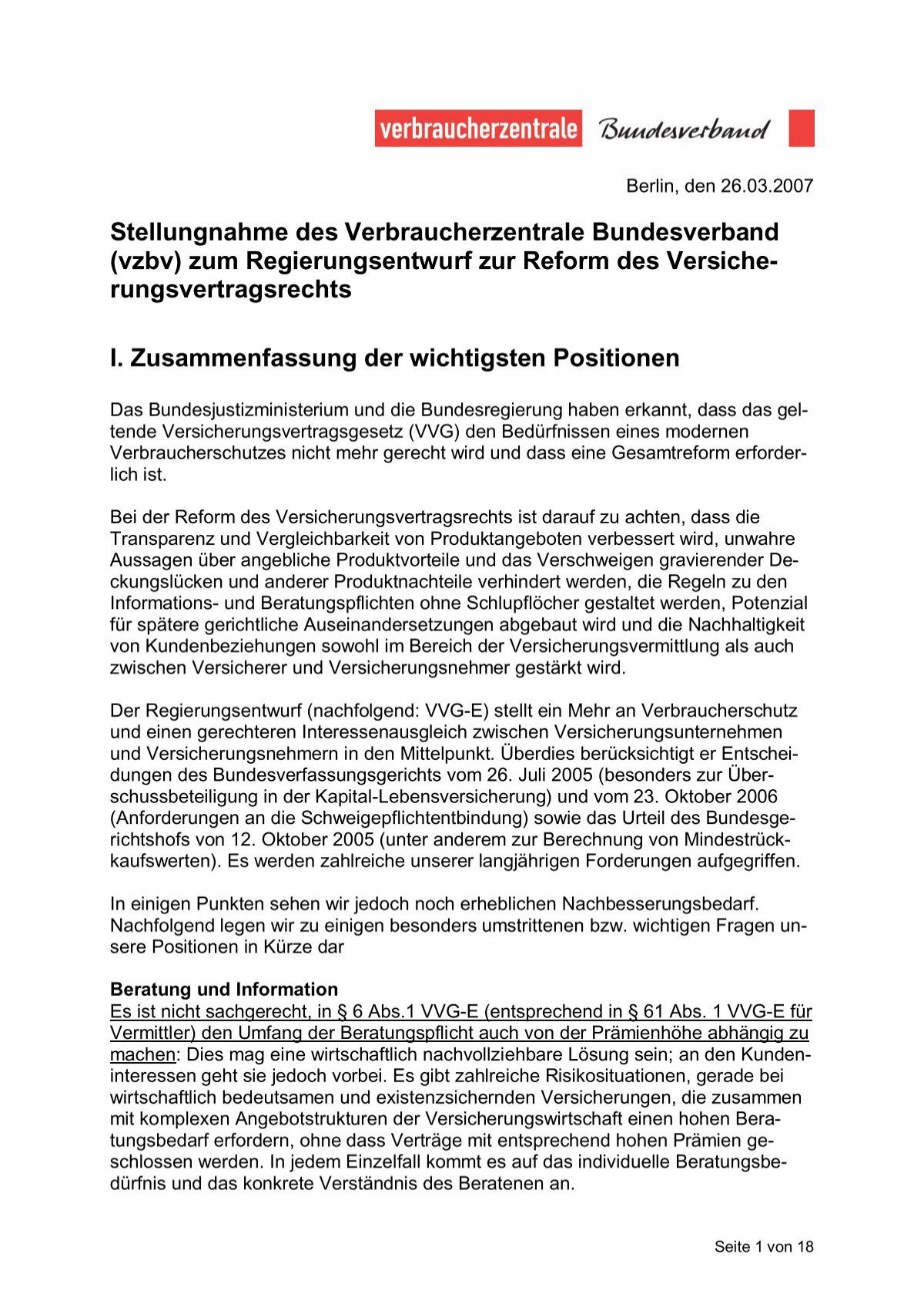 Stellungnahme Des Verbraucherzentrale Bundesverband Vzbv