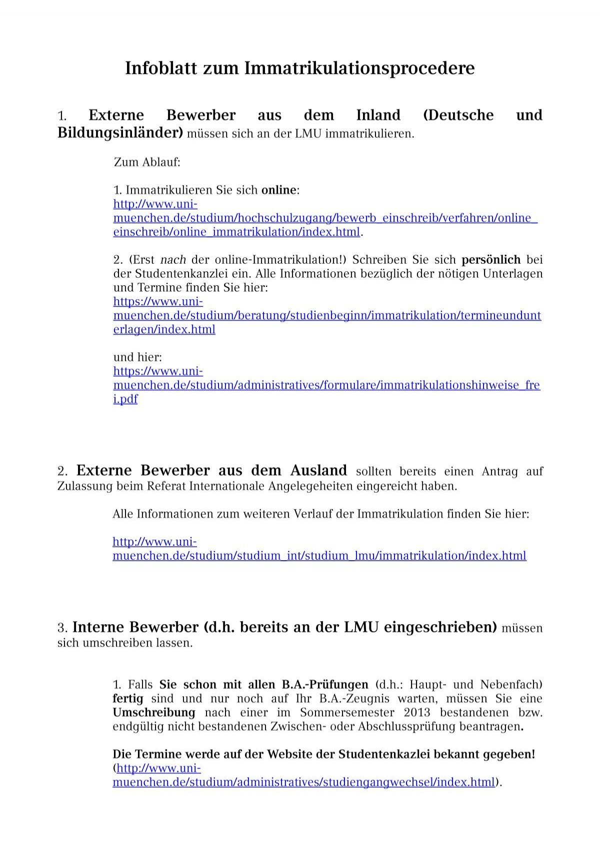 Infoblatt Zum Immatrikulationsprocedere Lmu
