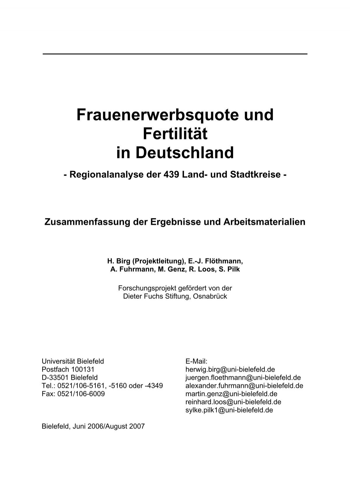 Frauenerwerbsquote Und Fertilitat In Deutschland Herwig Birg