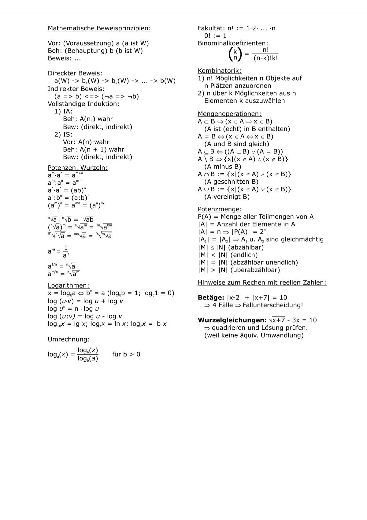 Mathematik I Formelsammlung Ws01 02 Pdf Roland Steffen
