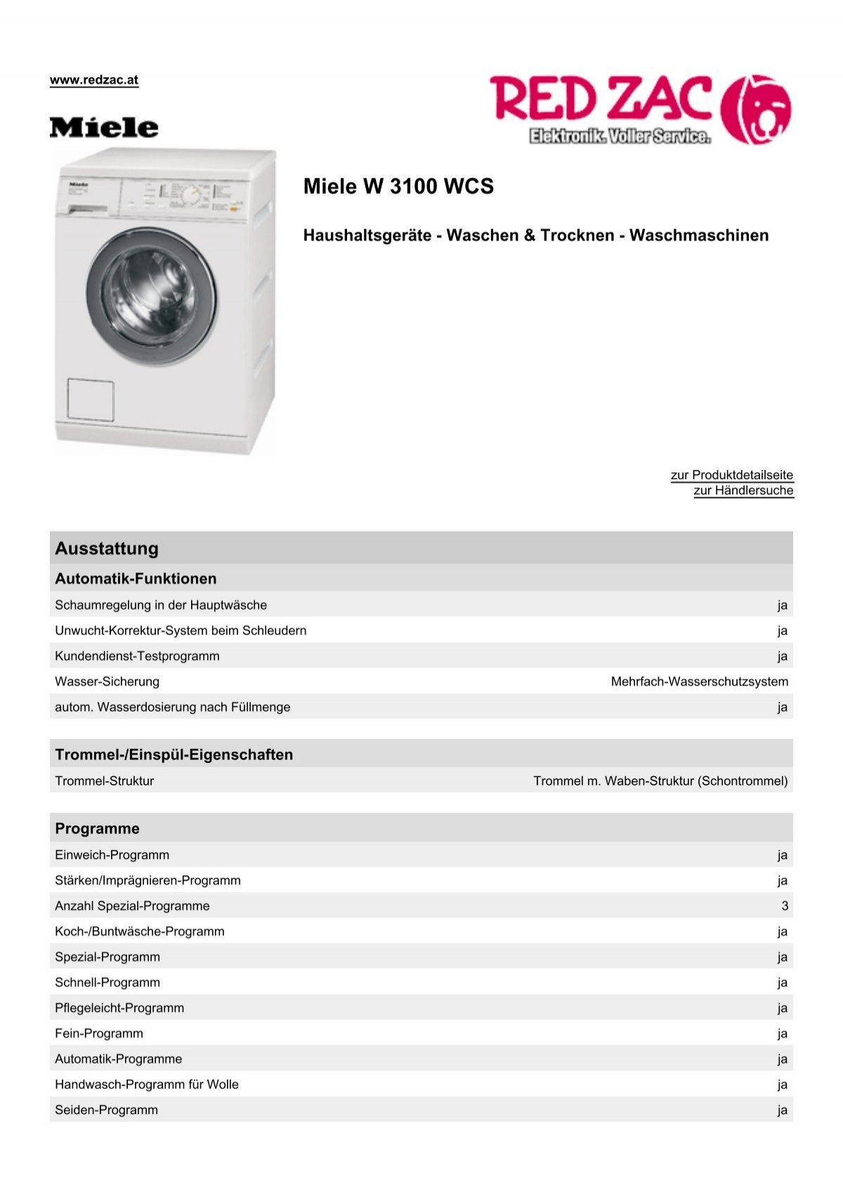 Produktdatenblatt Miele W 3100 WCS - Red Zac