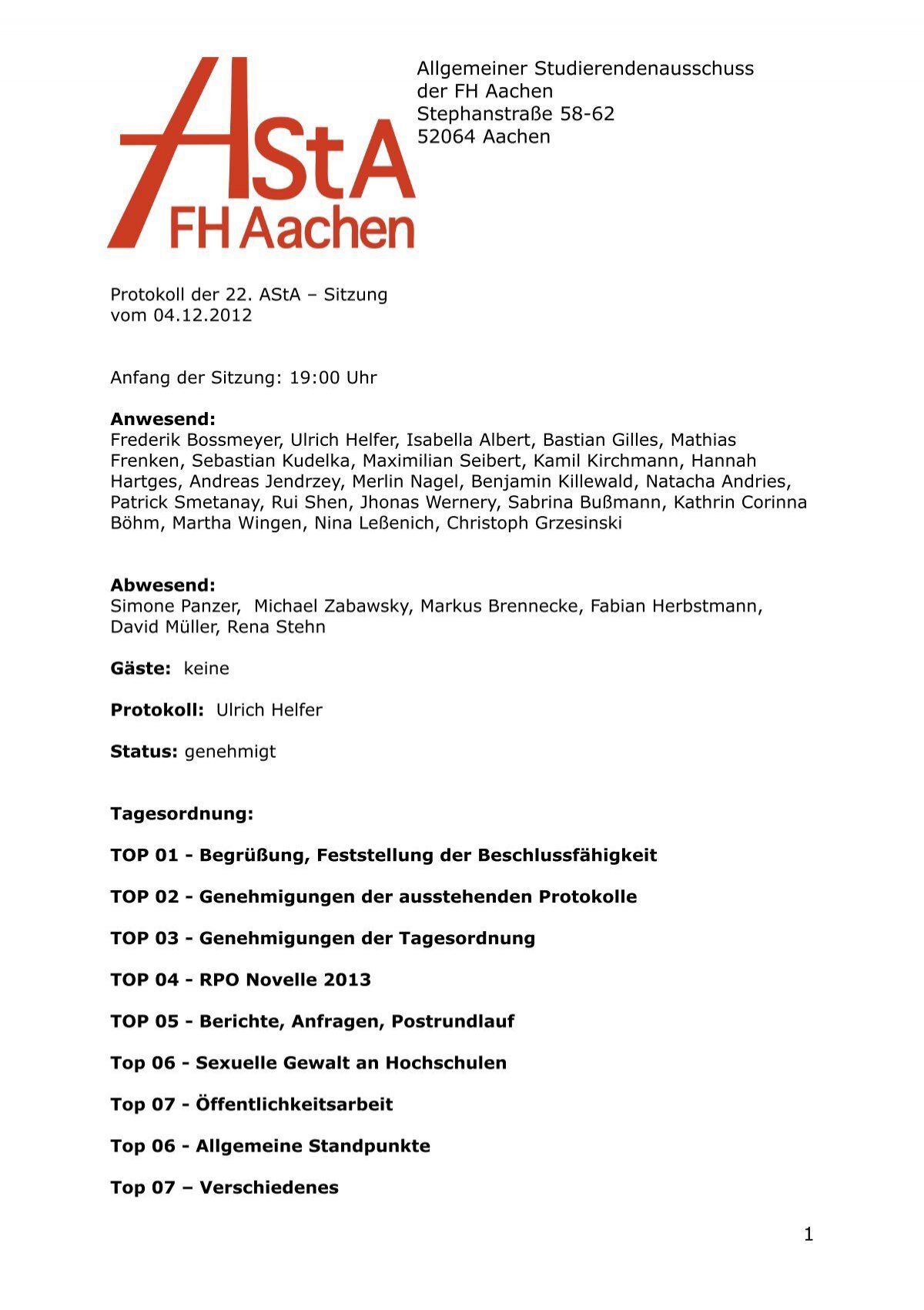 Allgemeiner Studierendenausschuss Der Fh Aachen Stephanstraaÿe