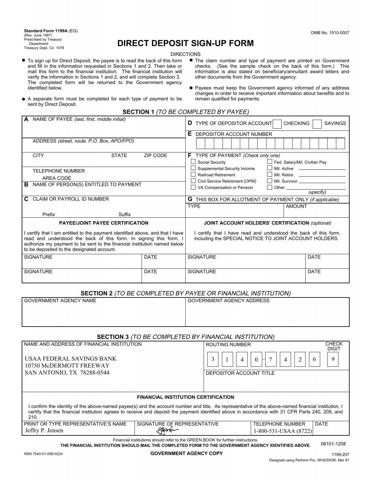 Standard Form 1199A Direct Deposit Sign up Form June USAA