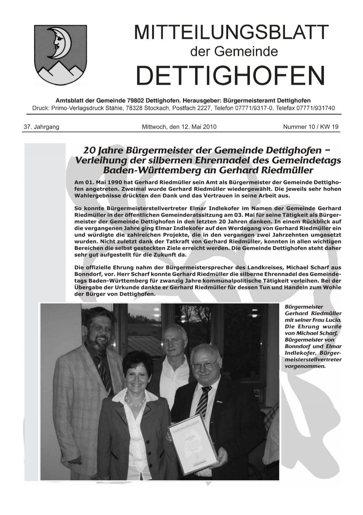 20 Jahre Burgermeister Der Gemeinde Dettighofen Verleihung Der