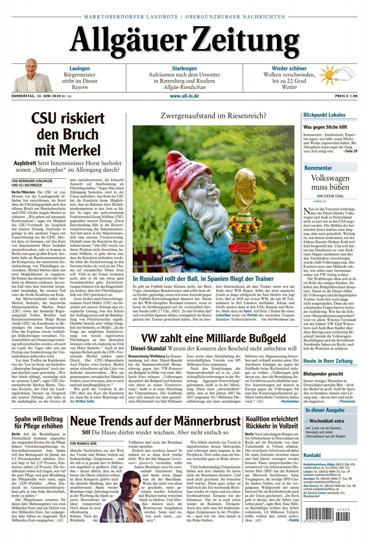 Allgäuer Zeitung Marktoberdorf vom 2018 14. Juni