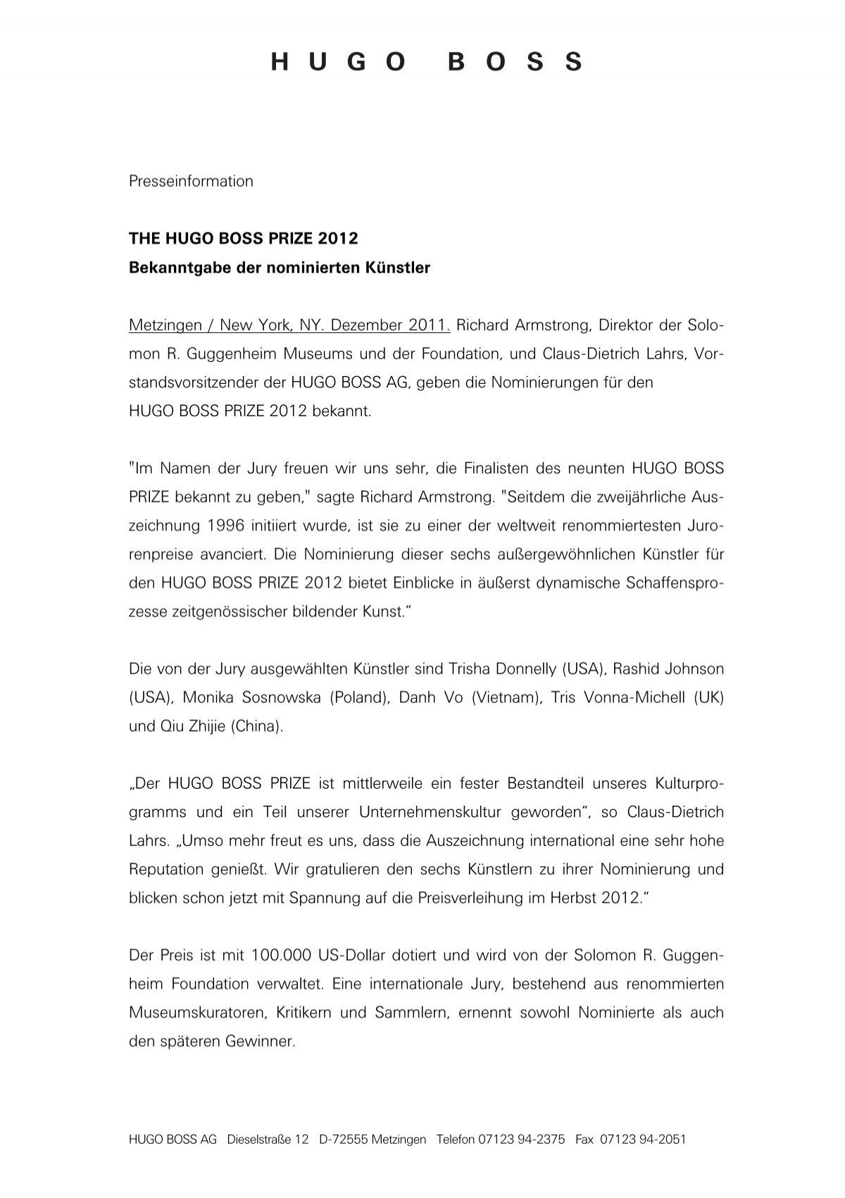 Presseinformation The Hugo Boss Prize 12 Bekanntgabe Der