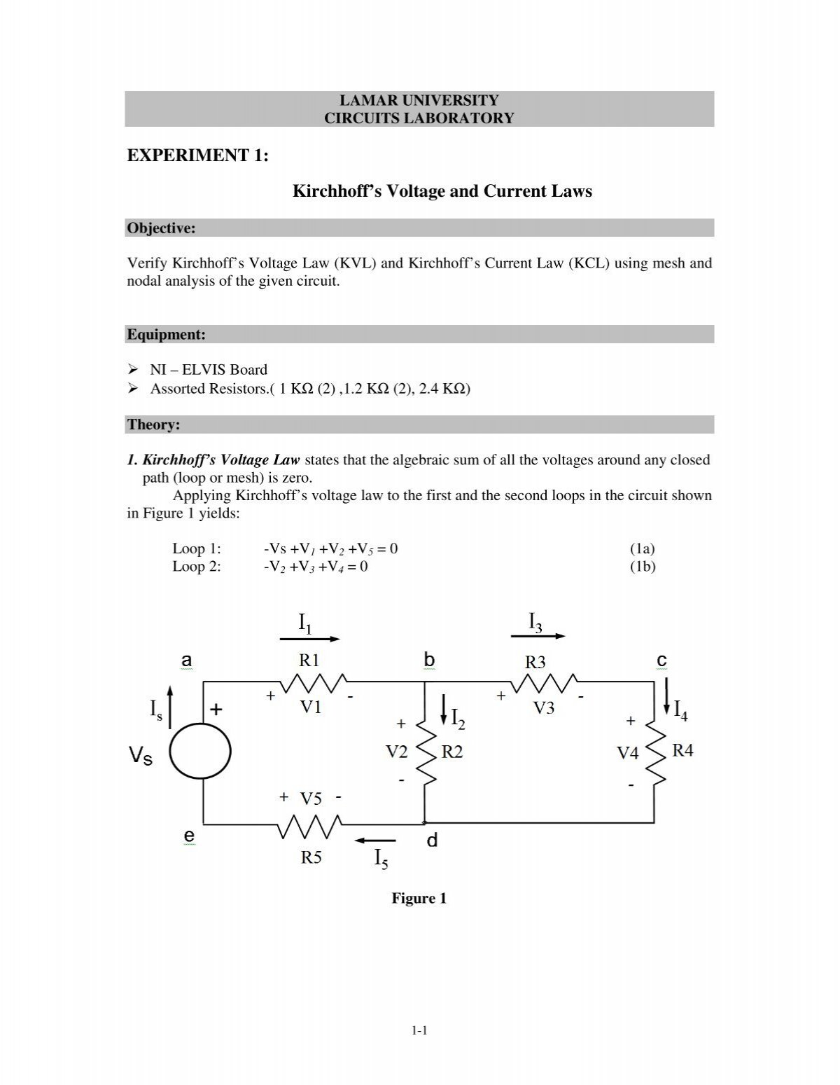 Experiment 1 Kirchhoff S Voltage And Current Laws