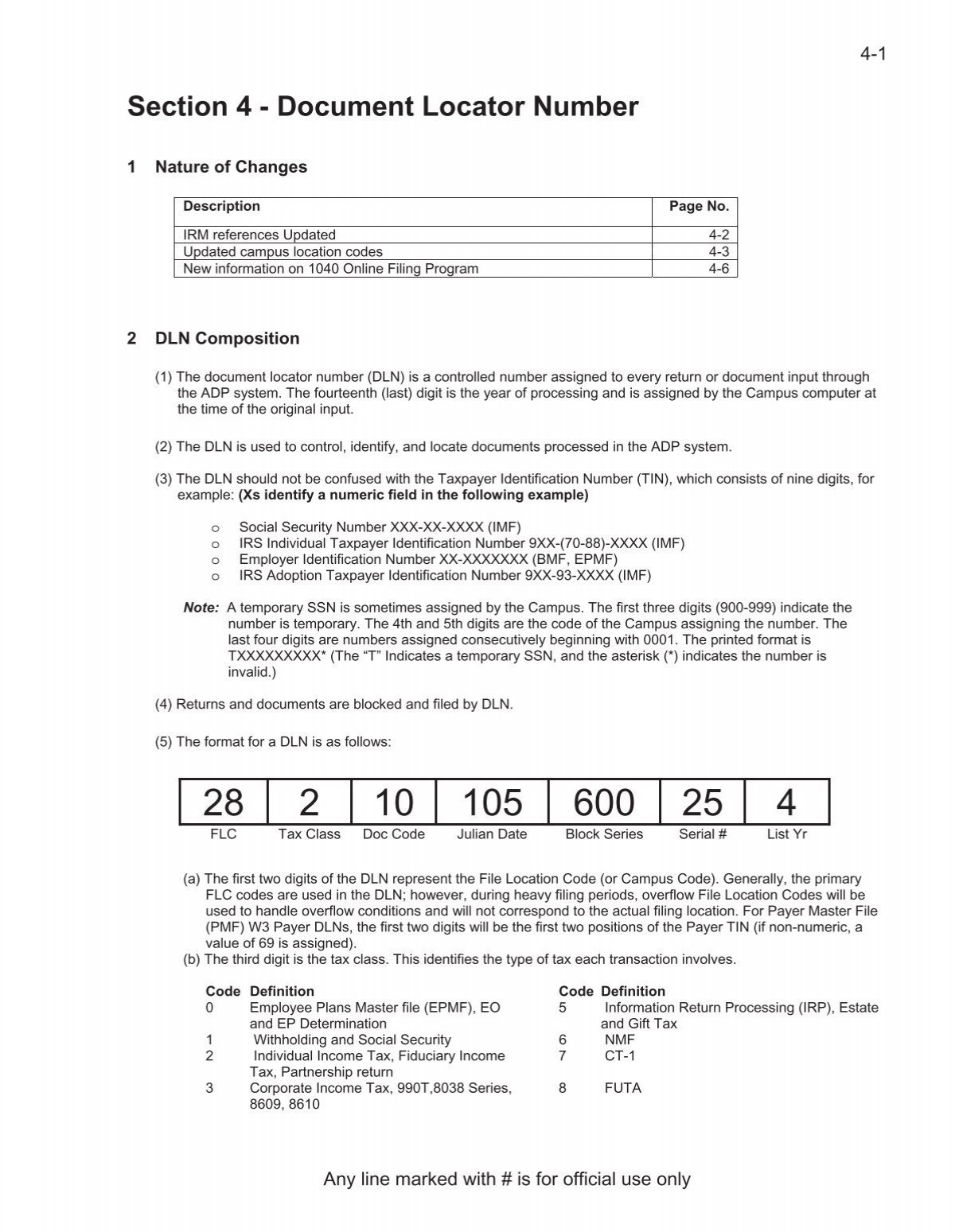 Section 4 Document Locator Number Internal Revenue Service