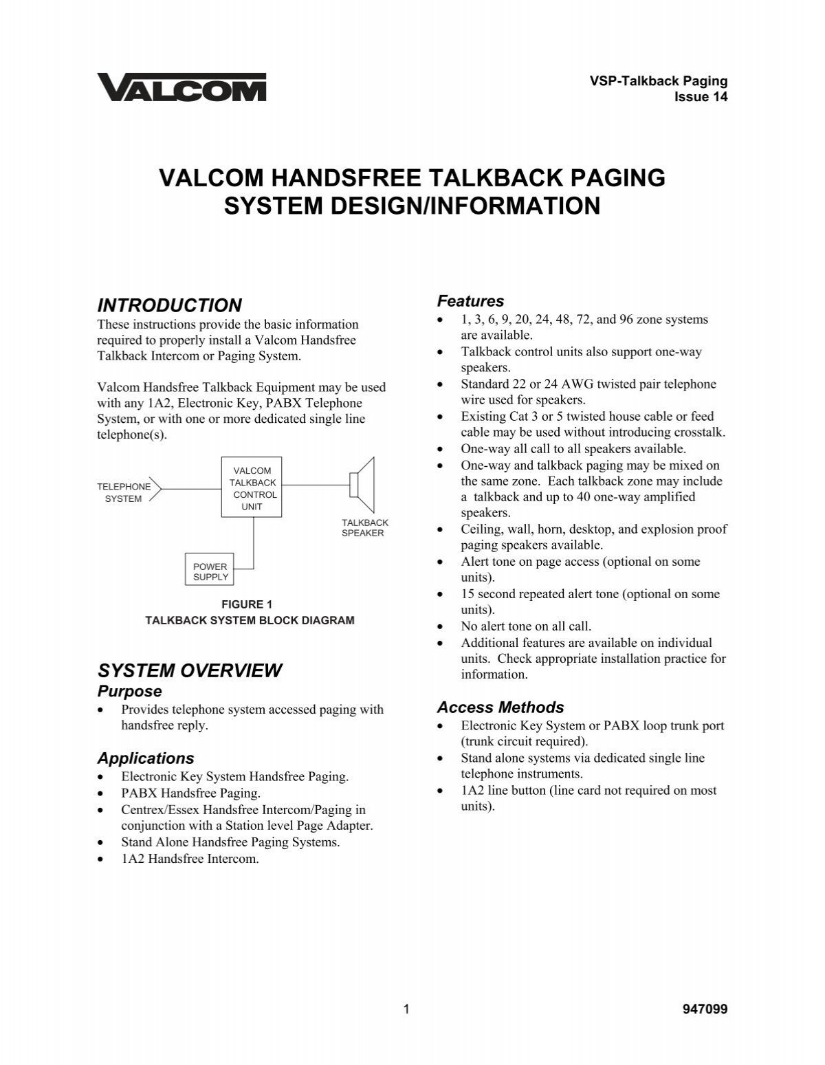 Valcom Handsfree Talkback Paging System Design Information