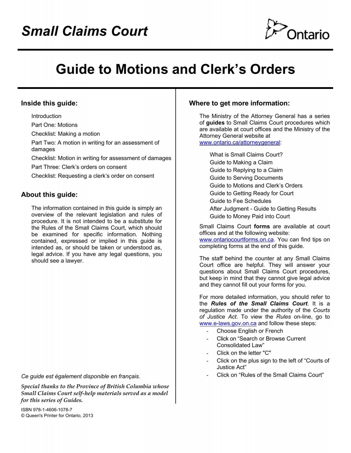 Small Claims Court Guide to Motions and Clerk s Orders