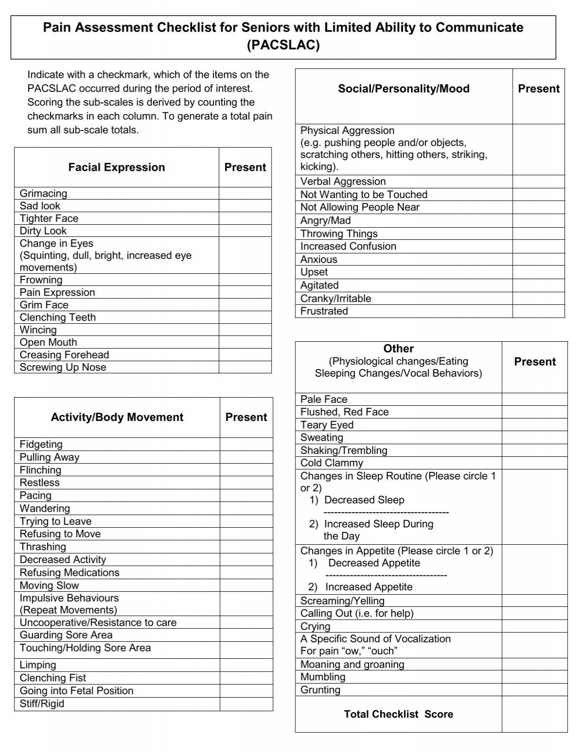Pain Assessment Checklist for Seniors with Limited ... - Geriatric Pain