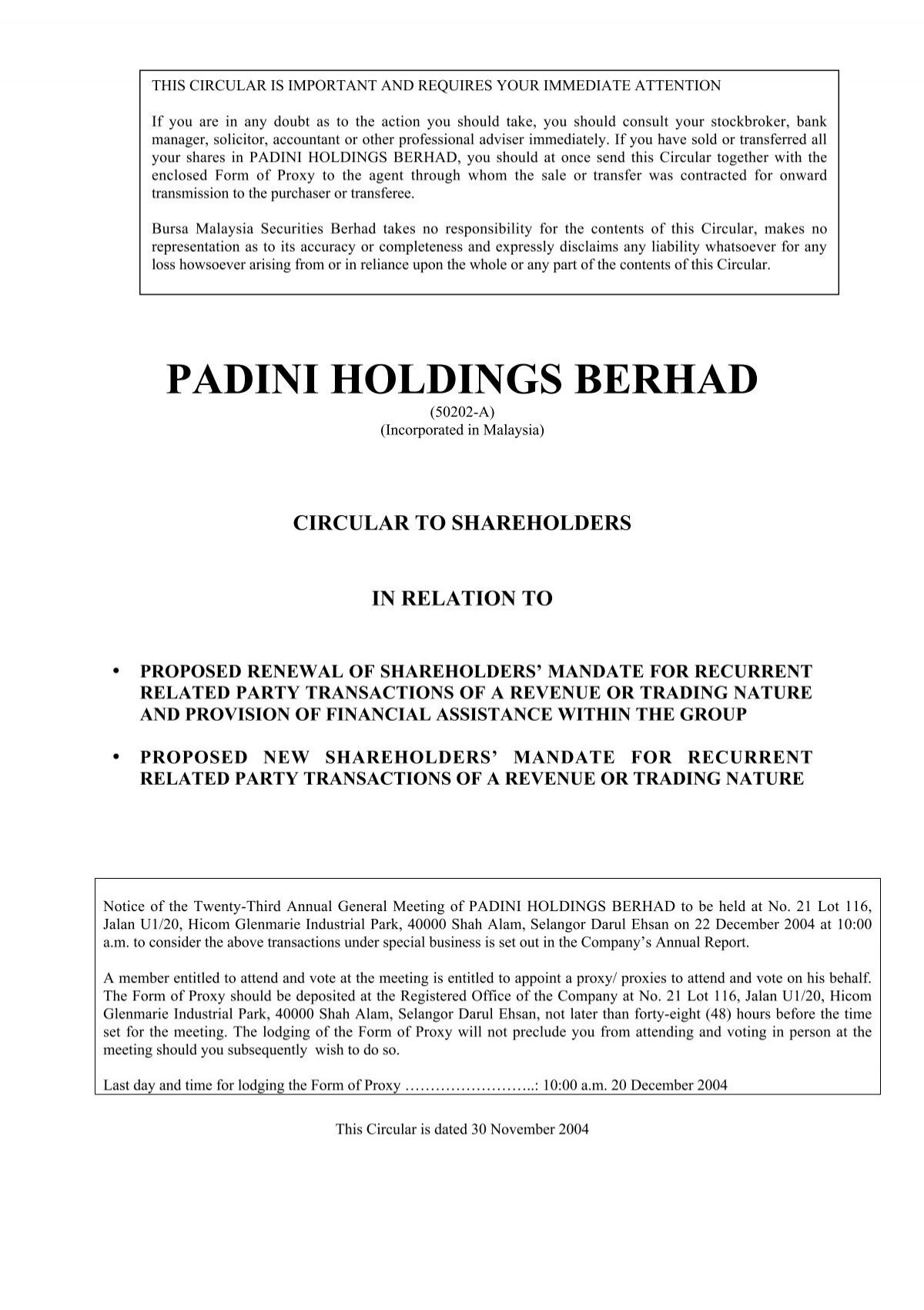 Padini Holdings Berhad Announcements Bursa Malaysia