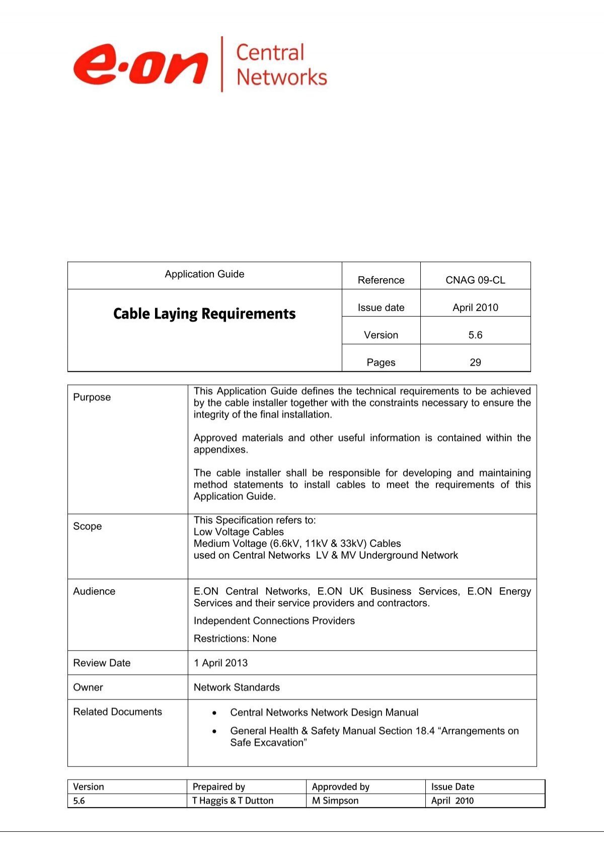 Cable Laying Requirements E On Uk