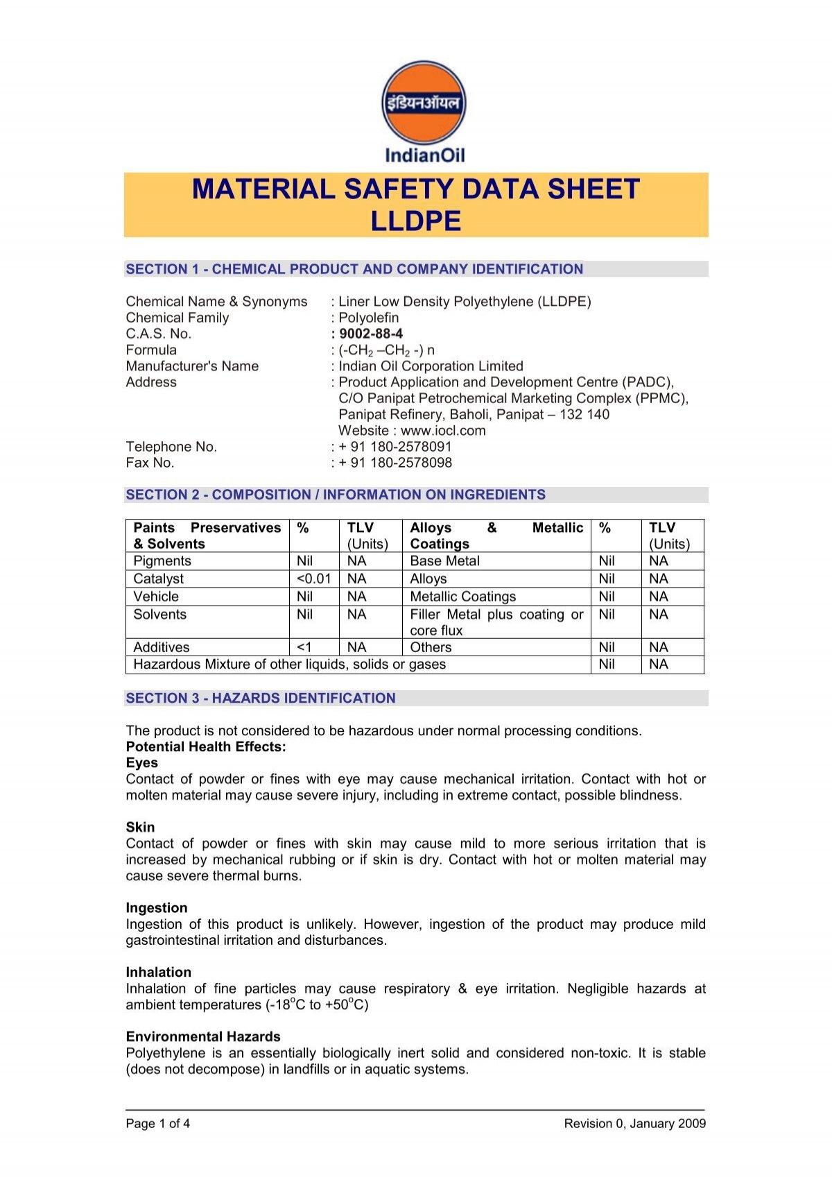 name by formula sheet safety Indian data  lldpe material Corporation  Oil sheet