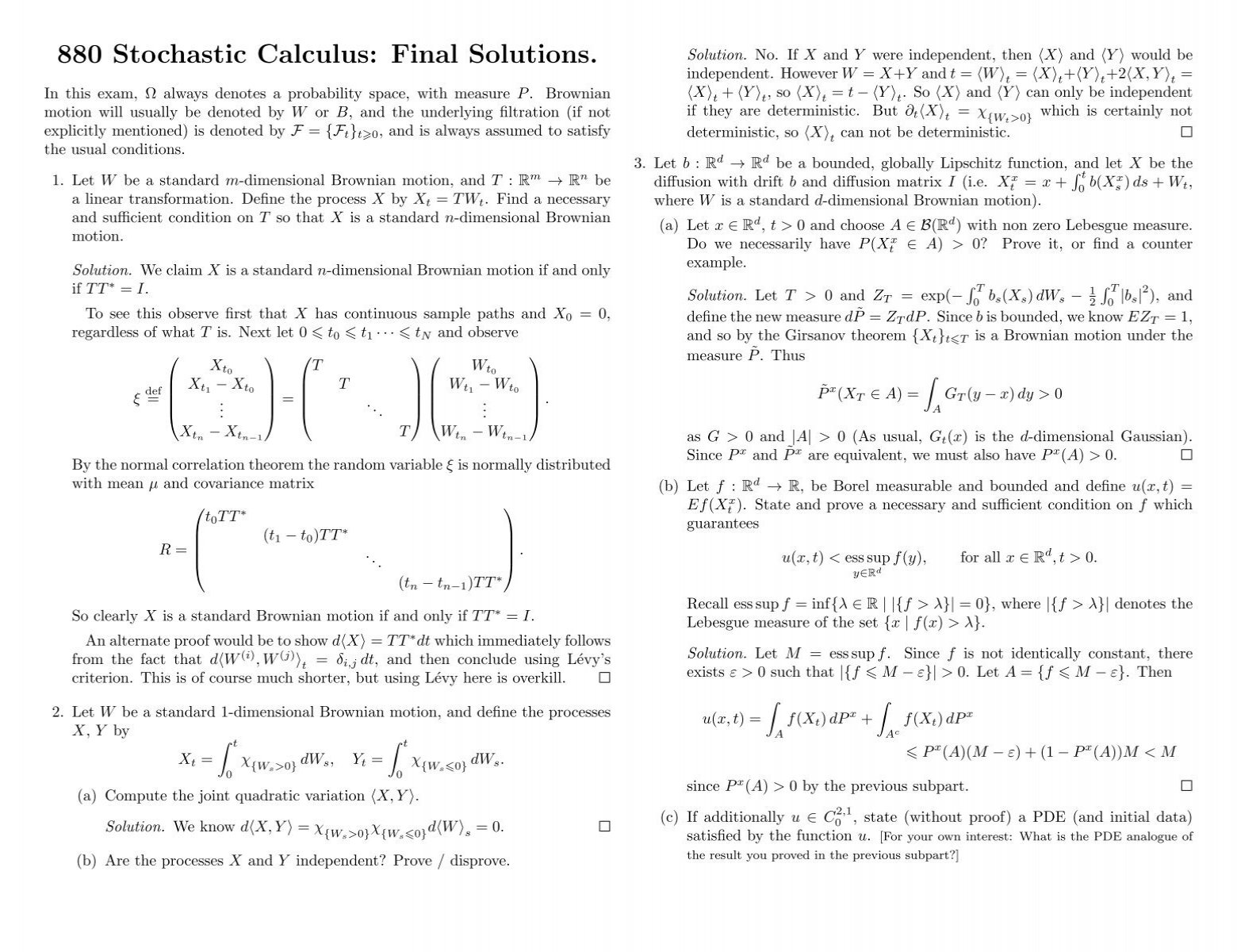 0 Stochastic Calculus Final Solutions