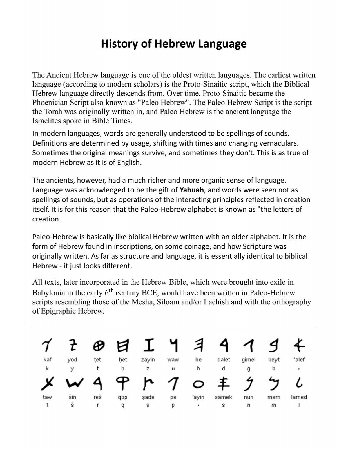 History Of Hebrew Language Yahuah