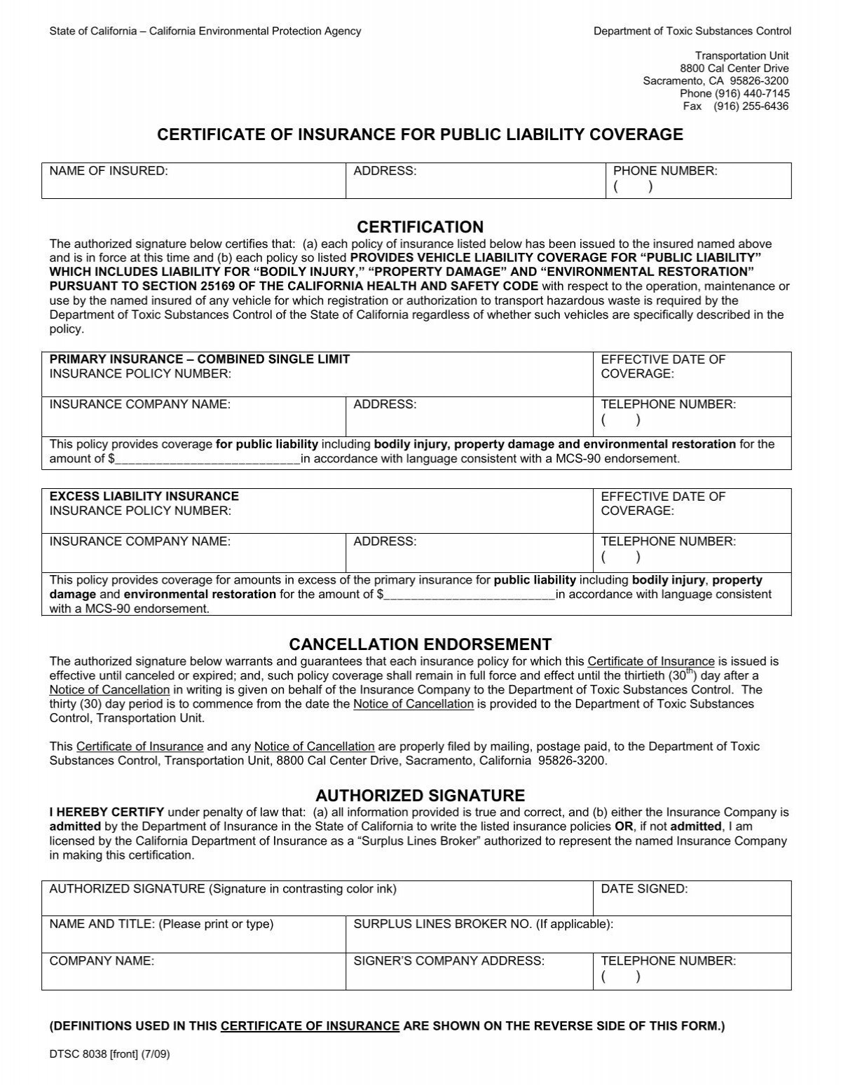 Certificate of Insurance for Public Liability Coverage DTSC 8038