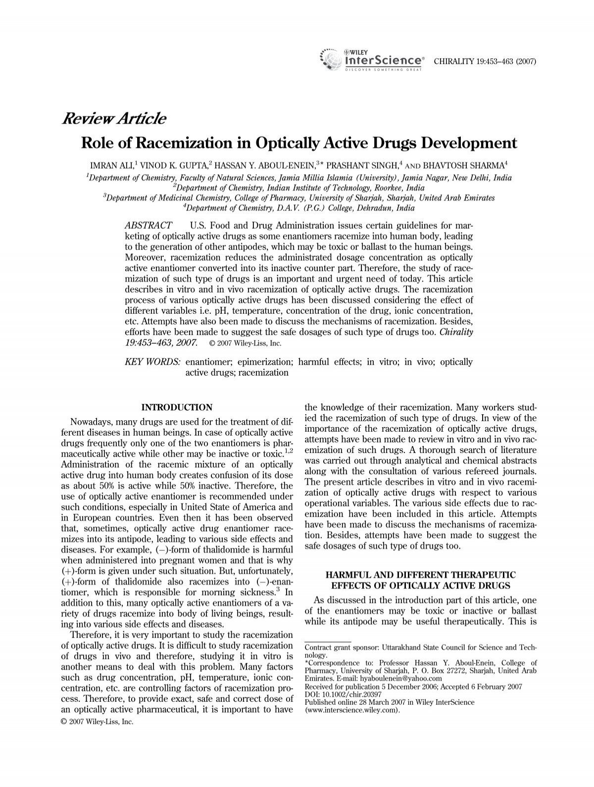 Role Of Racemization In Optically Active Drugs Development