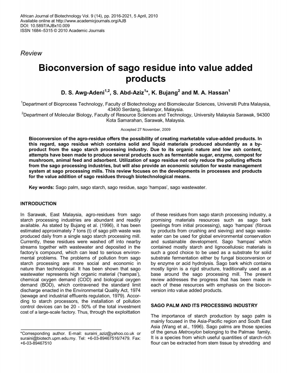 Bioconversion Of Sago Residue Into Value Added Products