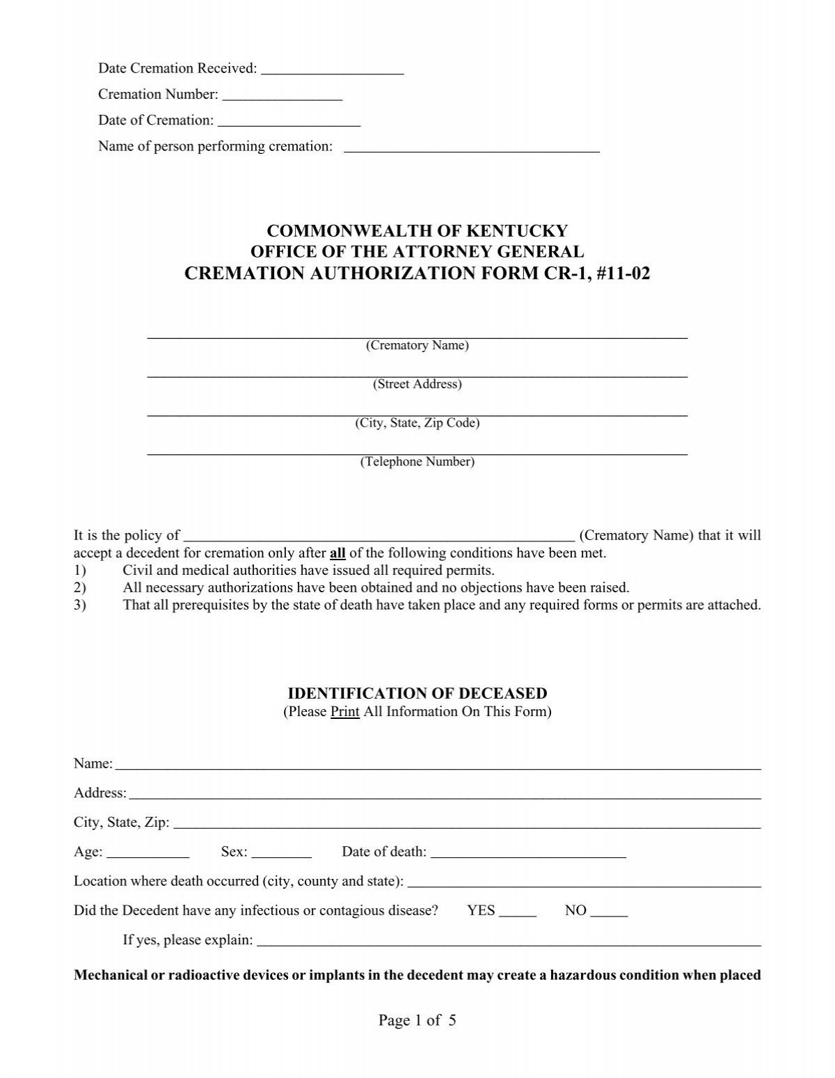 Cremation Authorization Form Cr 1 Grissom Martin Funeral Home 5917