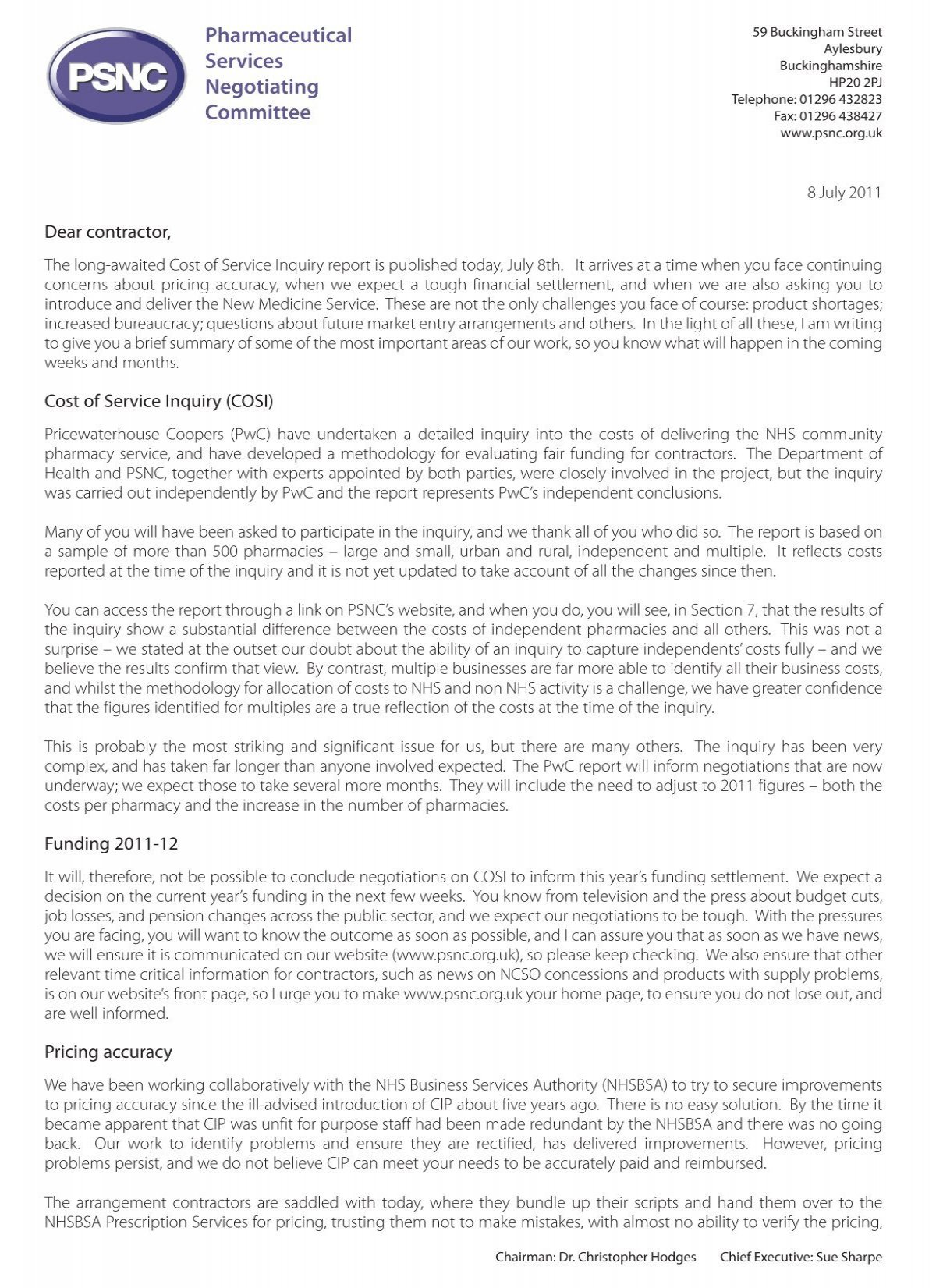 Download A Copy Of The Letter To Contractors From Sue Sharpe Psnc