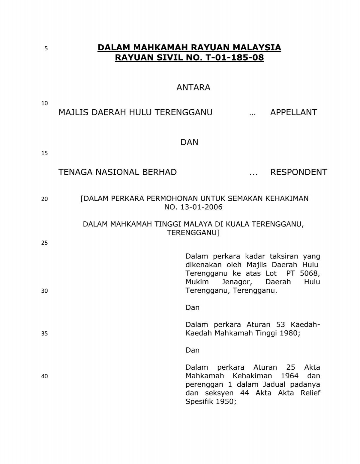 Dalam Mahkamah Rayuan Malaysia Rayuan Sivil No T 01 185 08