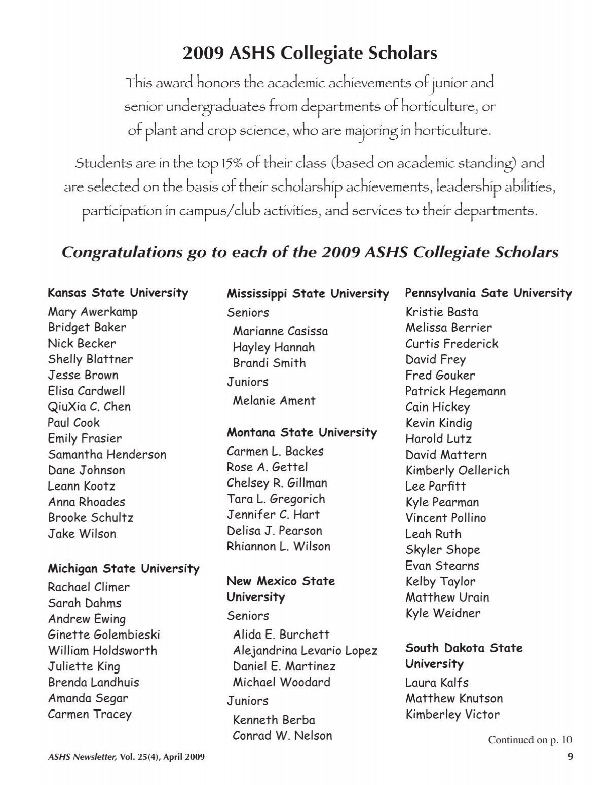 ASHS Honors Collegiate Scholars for 2006