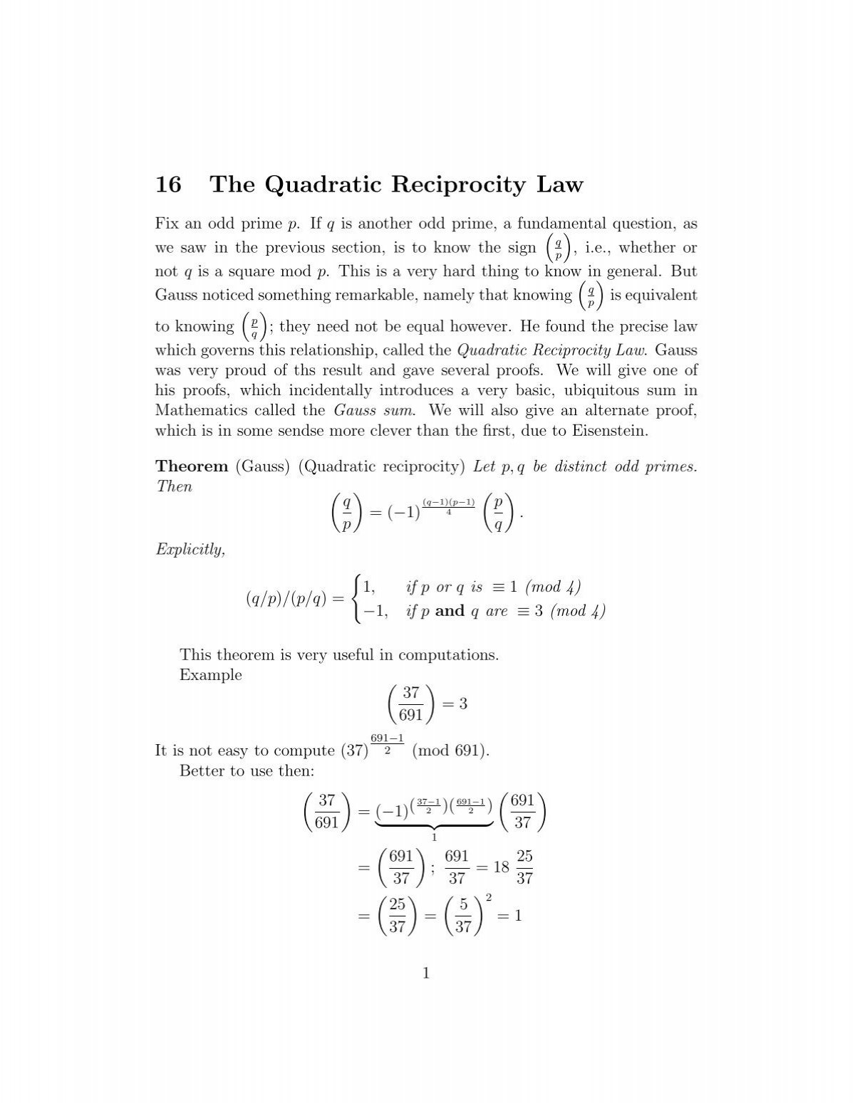 16 The Quadratic Reciprocity Law Caltech Mathematics Department