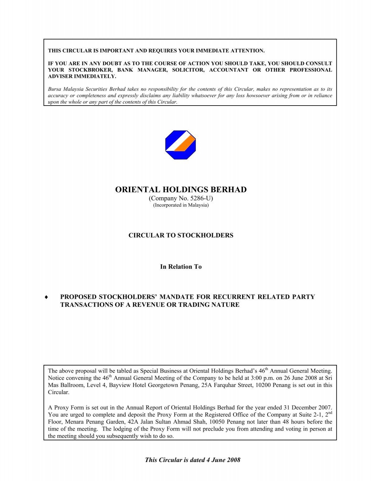 Oriental Holdings Berhad Announcements Bursa Malaysia