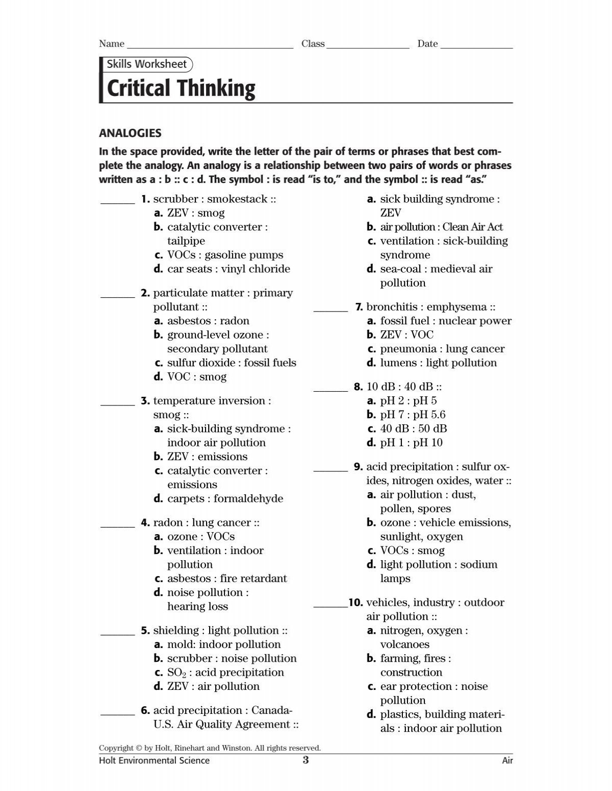 critical thinking and application answer key