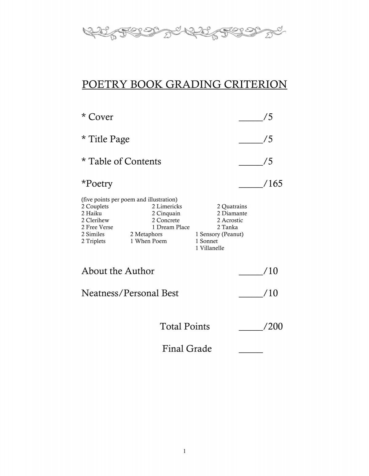 Poetry Book Grading Criterion