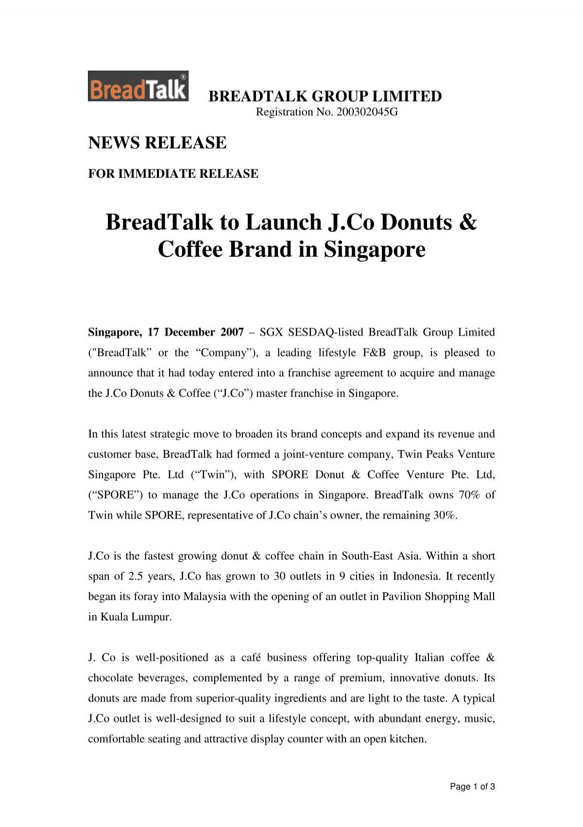 Breadtalk To Launch J Co Donuts Coffee Brand In Singapore