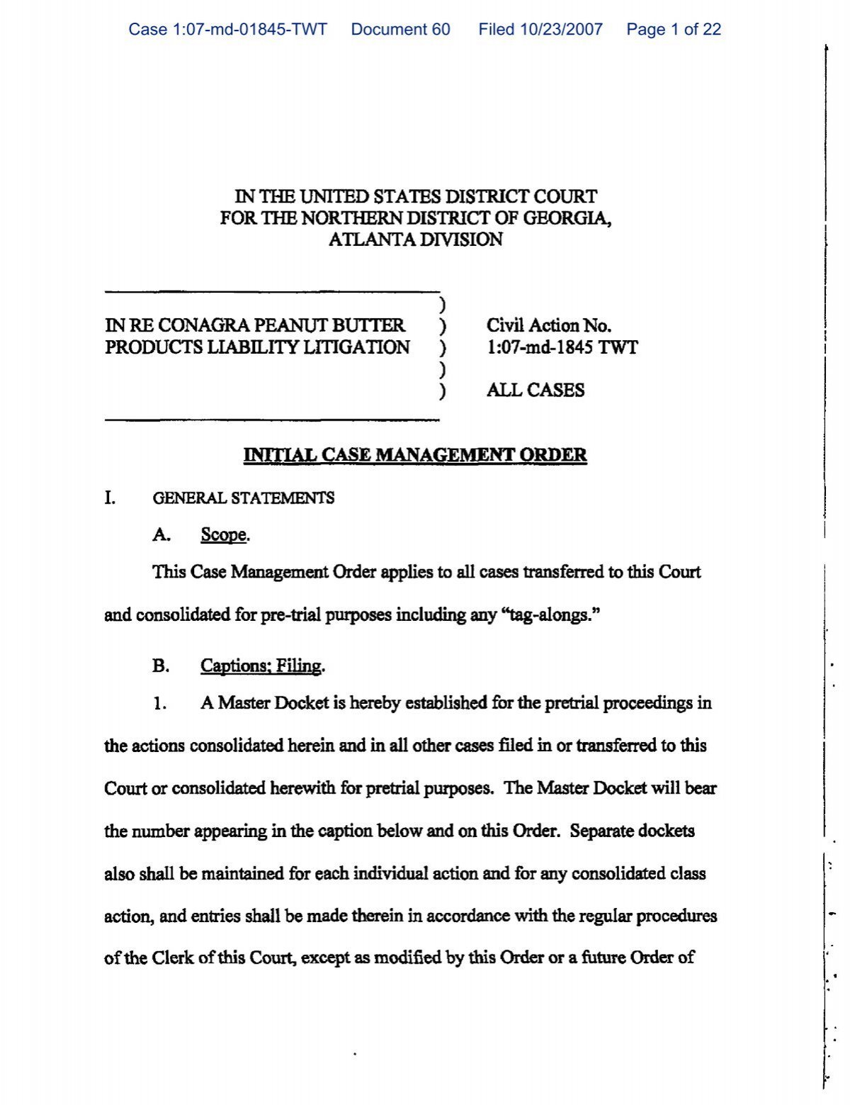 Initial Case Management Order Northern District of Georgia