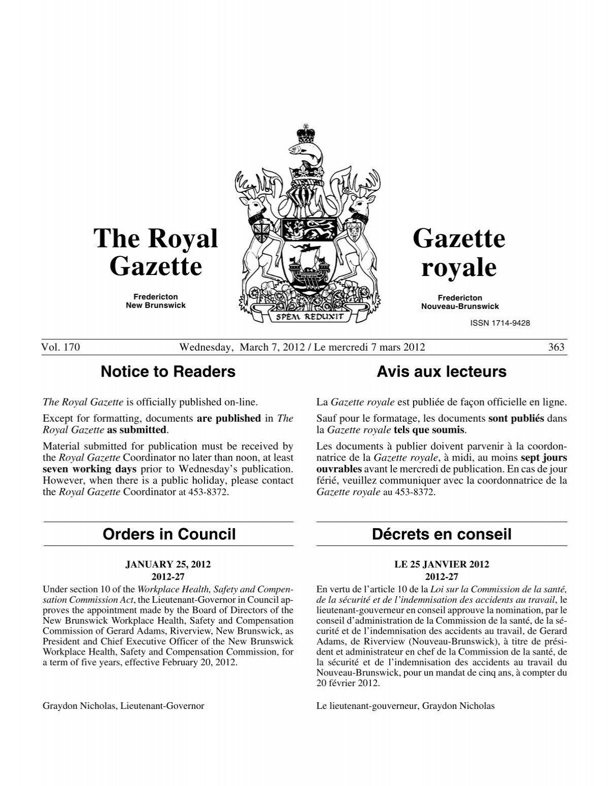 The Royal Gazette / Gazette royale - Gouvernement du Nouveau