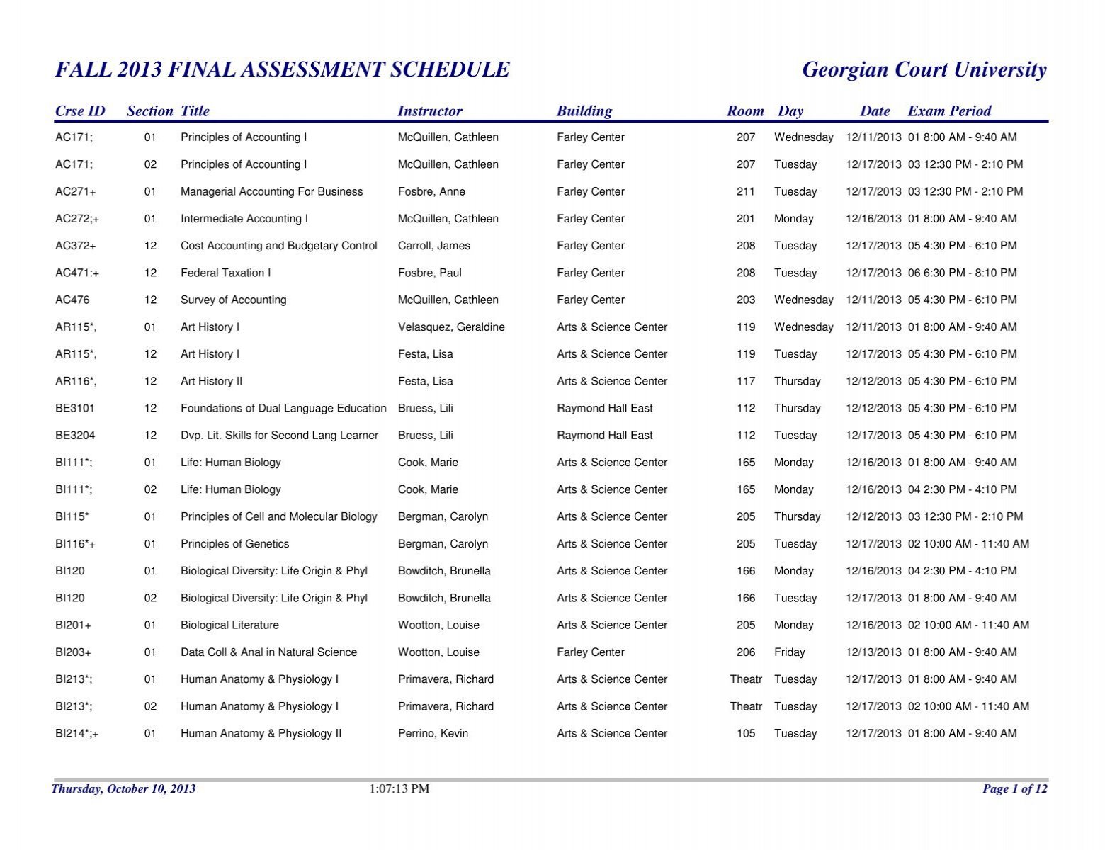 Exam Schedule by Course Georgian Court University
