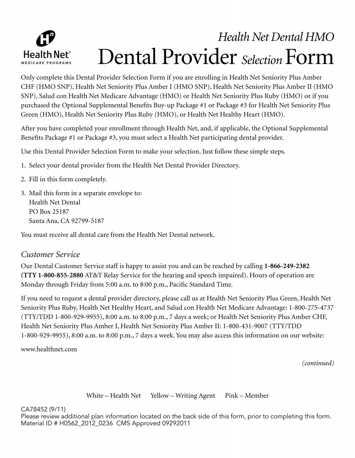 Dental Provider Selection Form - Health Net