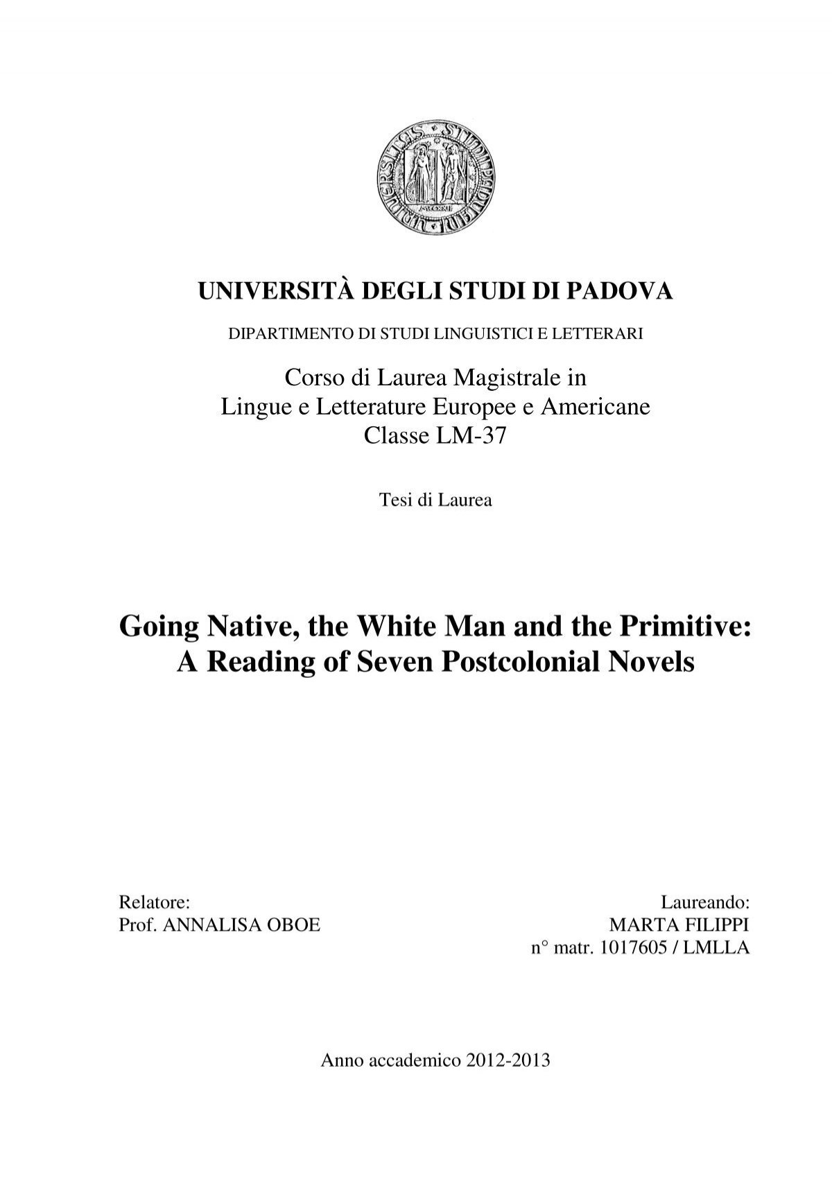 Going Native, the White Man and the Primitive - UniversitÃ degli ...