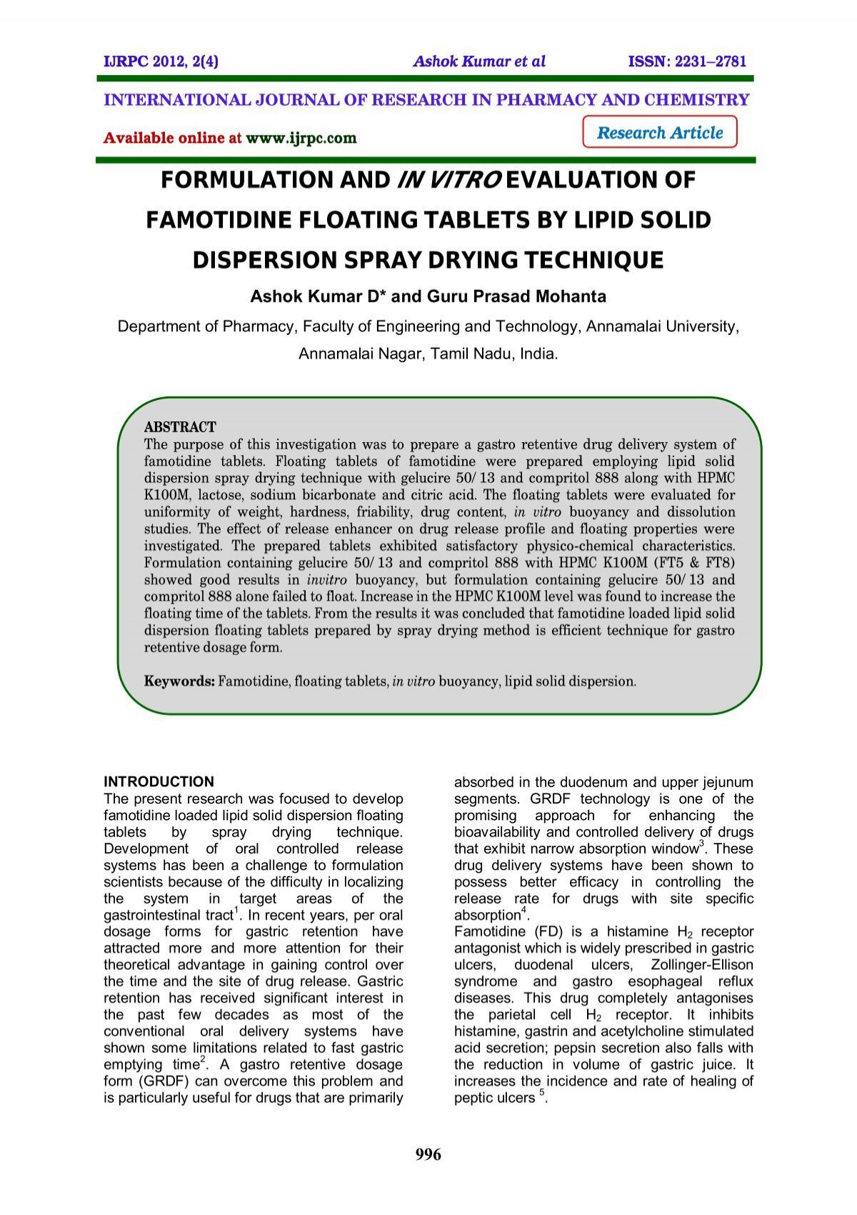 Formulation And In Vitro Evaluation Of Famotidine Floating Ijrpc