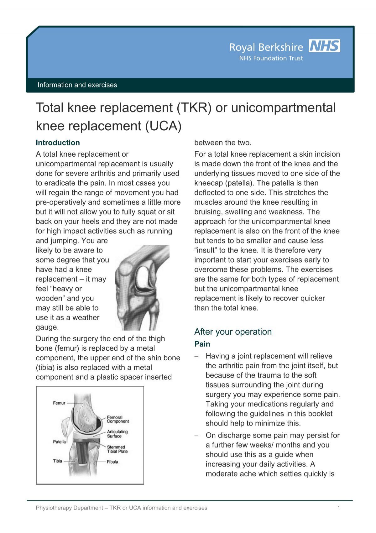 (TKR) or unicompartmental knee replacement - The Royal Berkshire