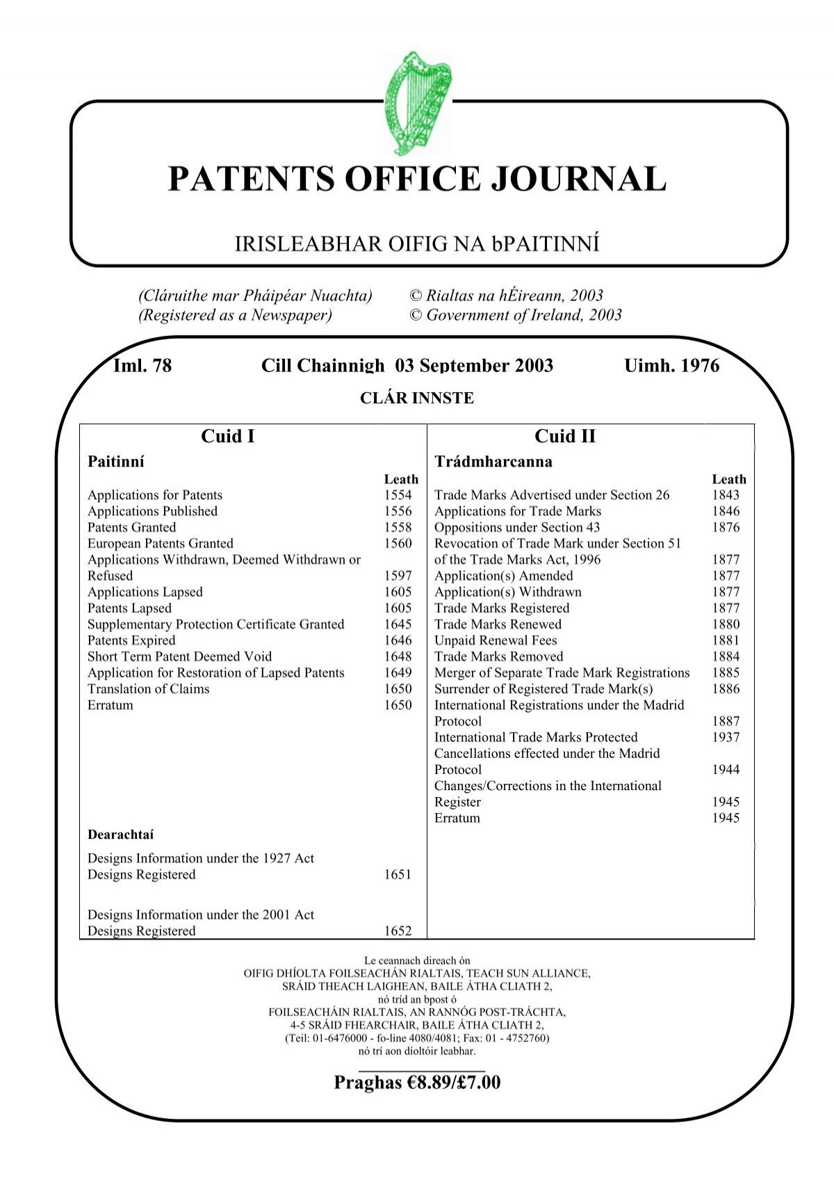 Patents Office Journal Irish Patents Office