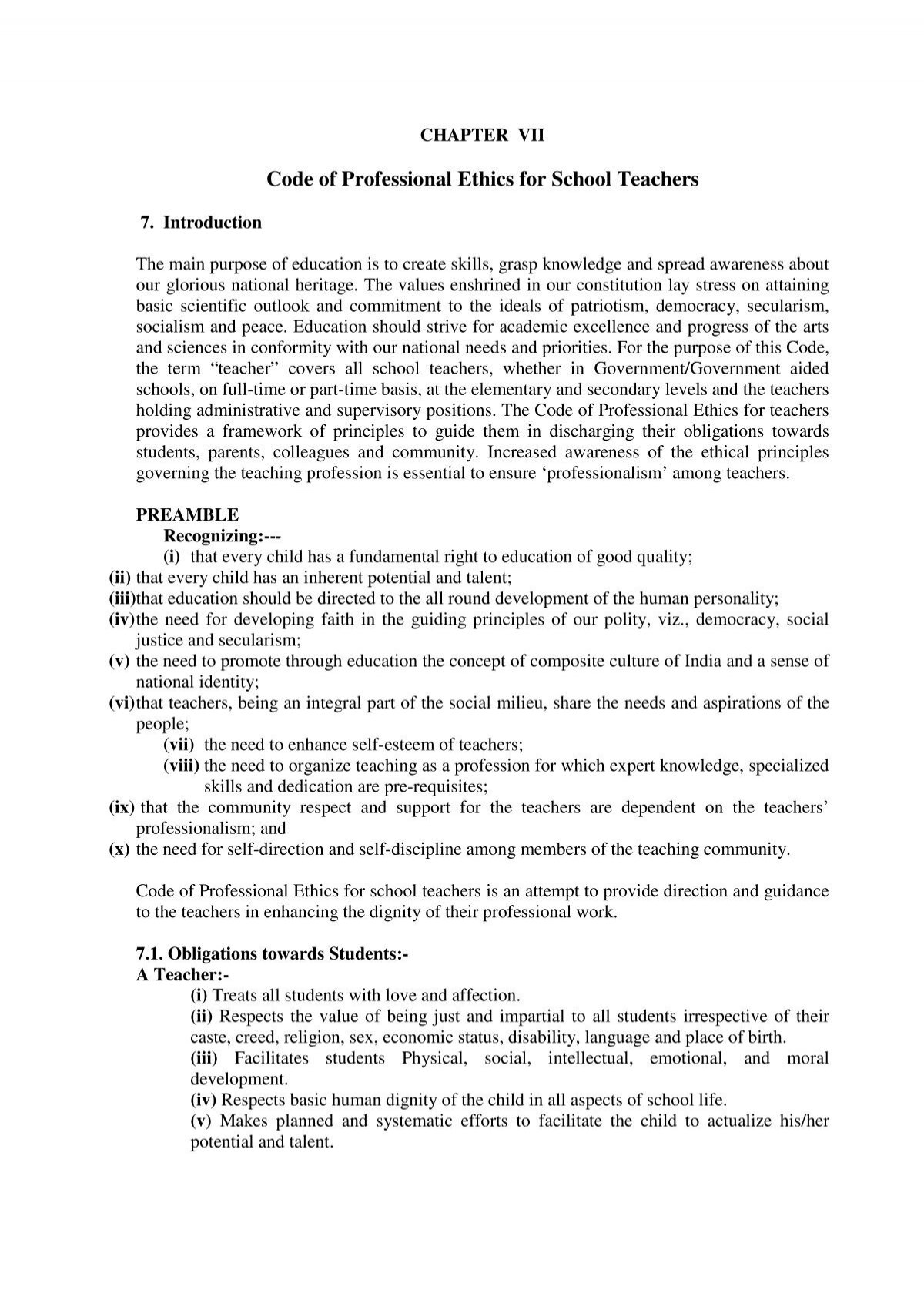 Code Of Professional Ethics For School Teachers Department Of