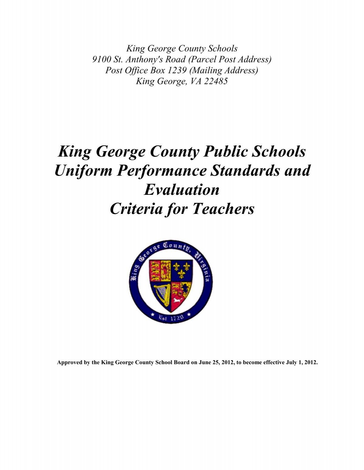 Evaluation Criteria for Teachers King George County Schools