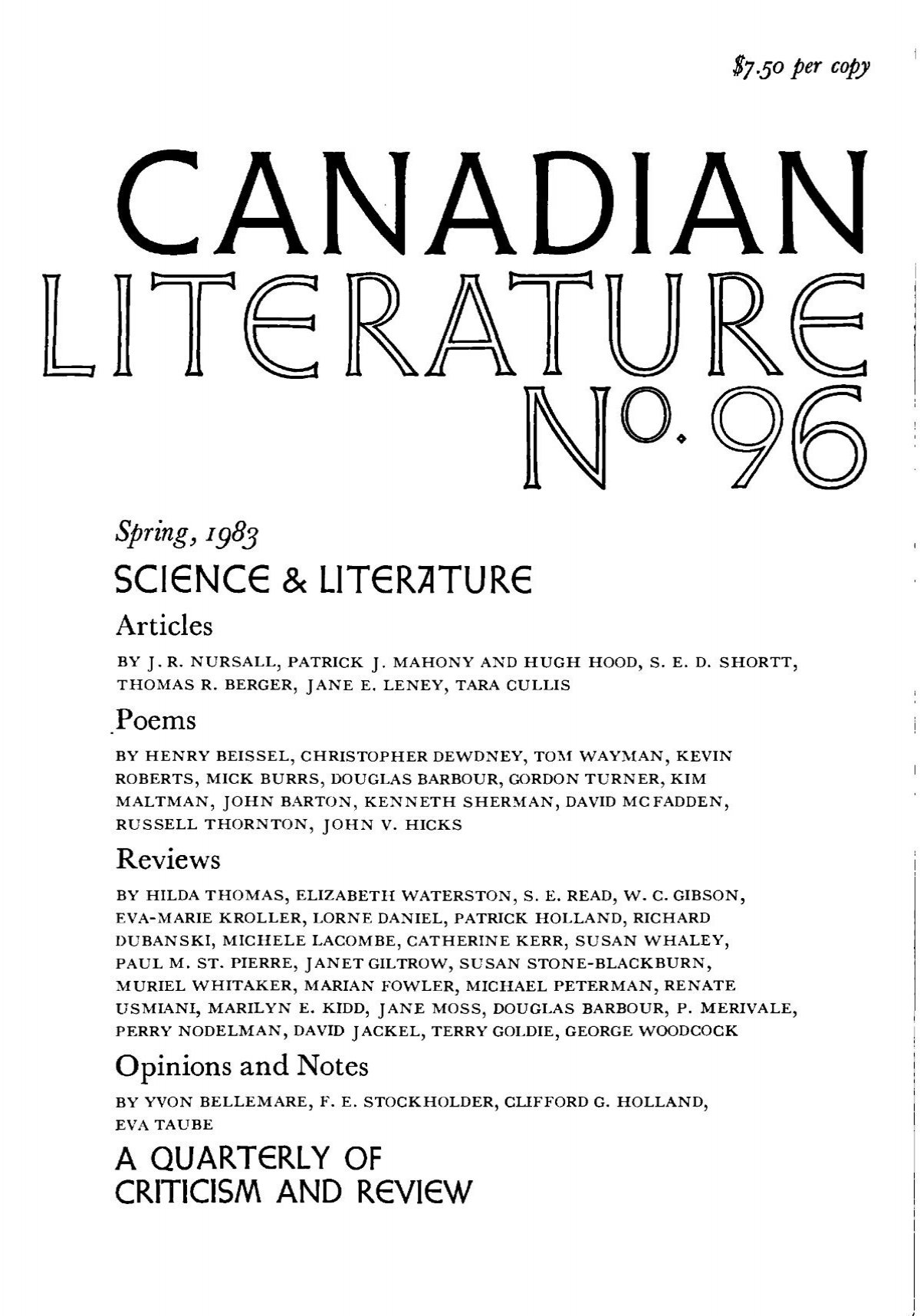 Spring, 1983 SCI6NC6 &amp; LITÃ¢Â‚Â¬R7ITUR - University of British Columbia