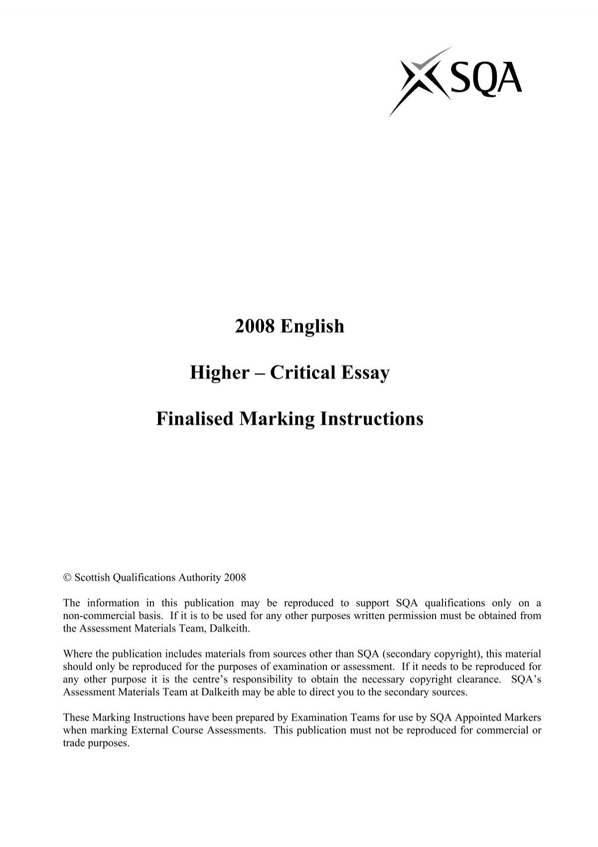 sqa higher english critical essay past papers