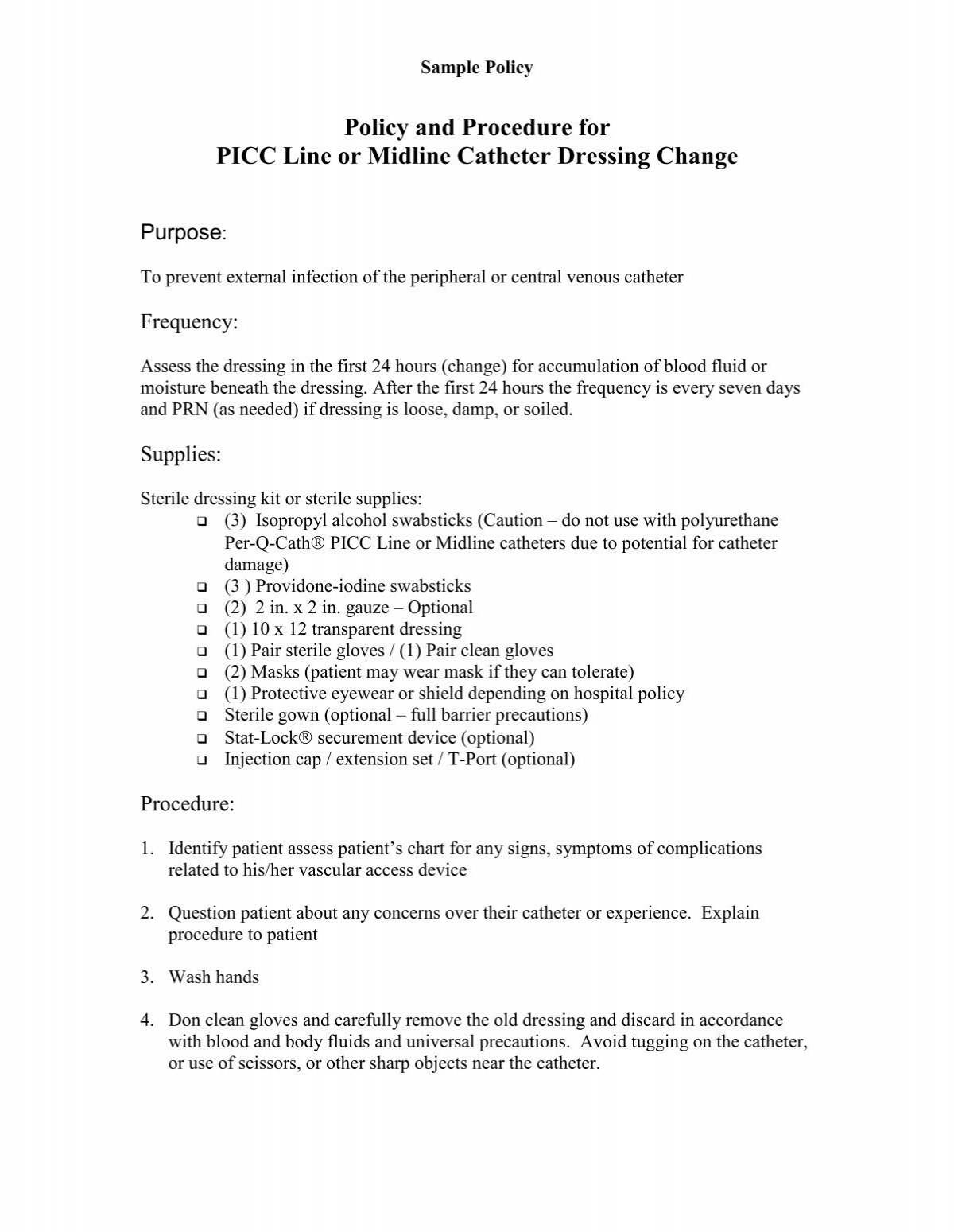 Policy and Procedure for PICC Line or Midline Catheter IV Therapy