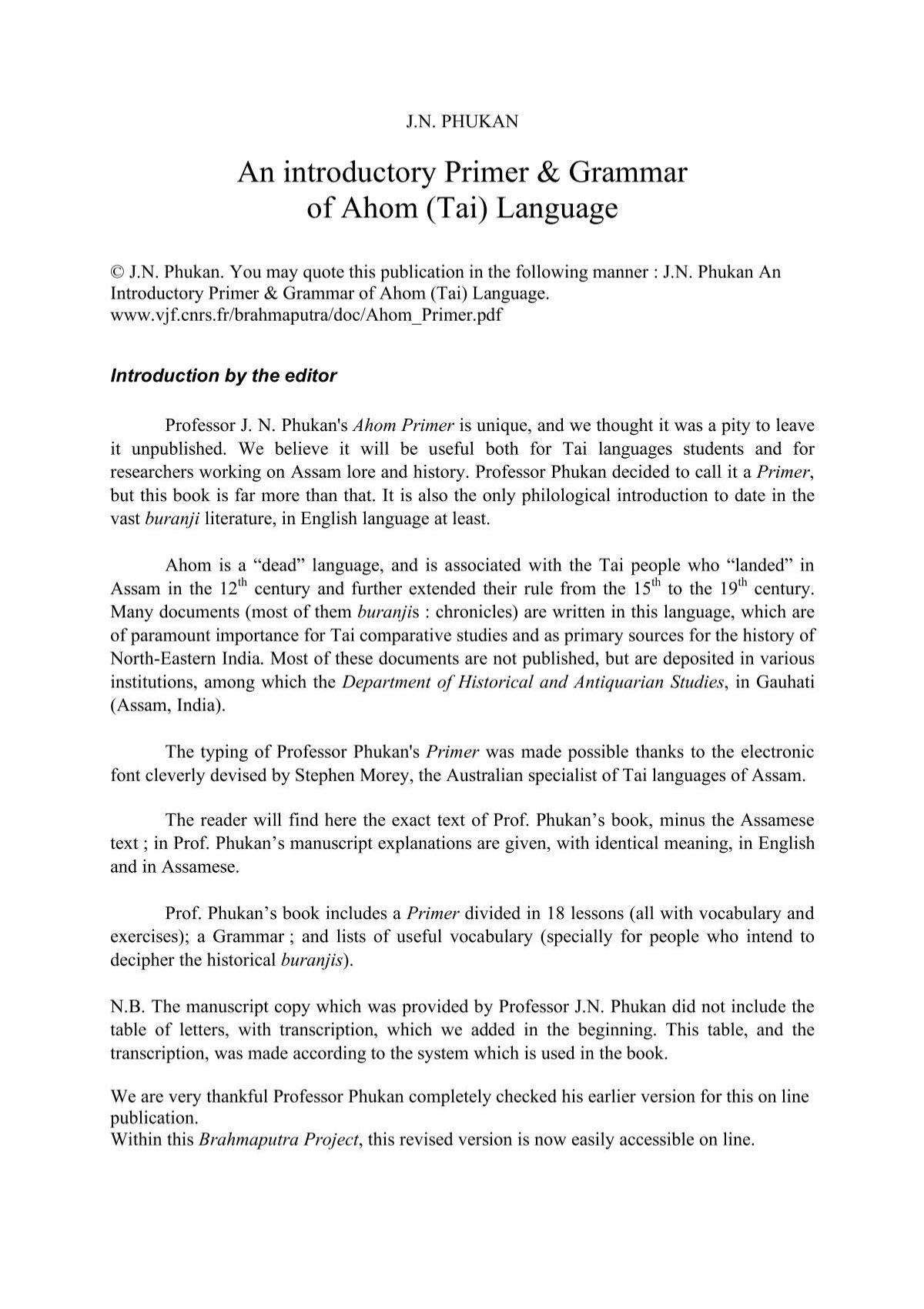 An Introductory Primer Grammar Of Ahom Tai Language Khamkoo