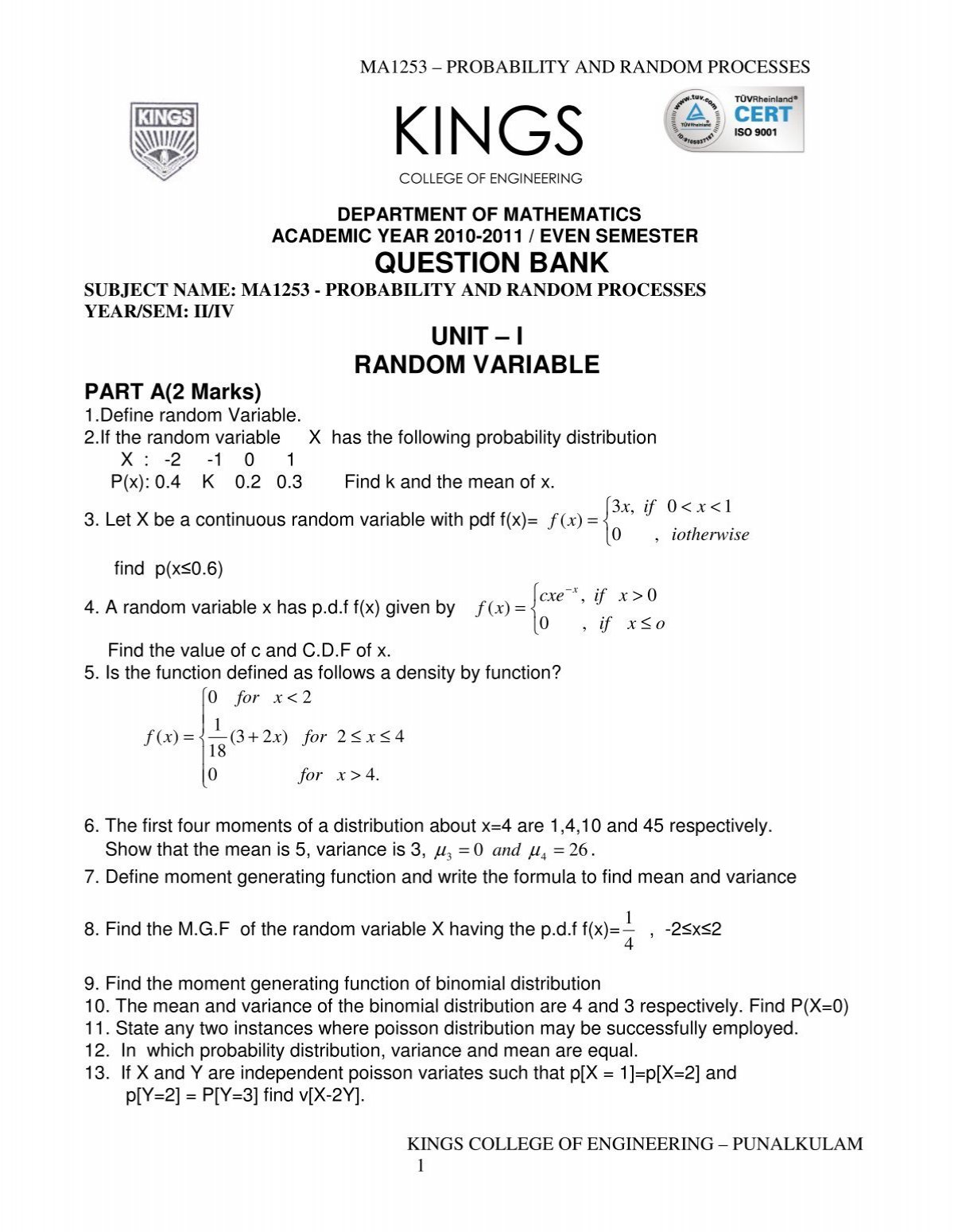Probability And Random Processes Kings College Of Engineering