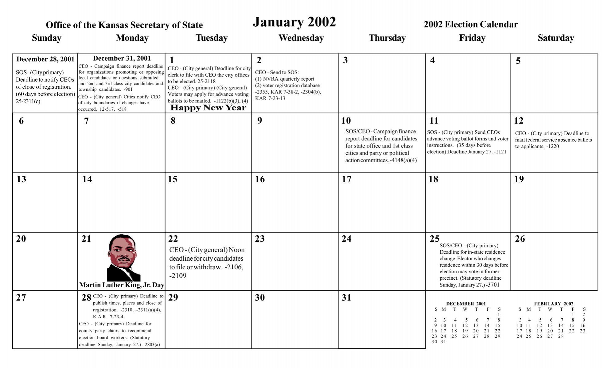 2002 Election Calendar Kansas Secretary of State