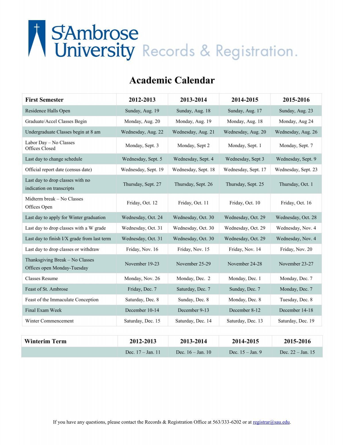 Academic Calendar St Ambrose University