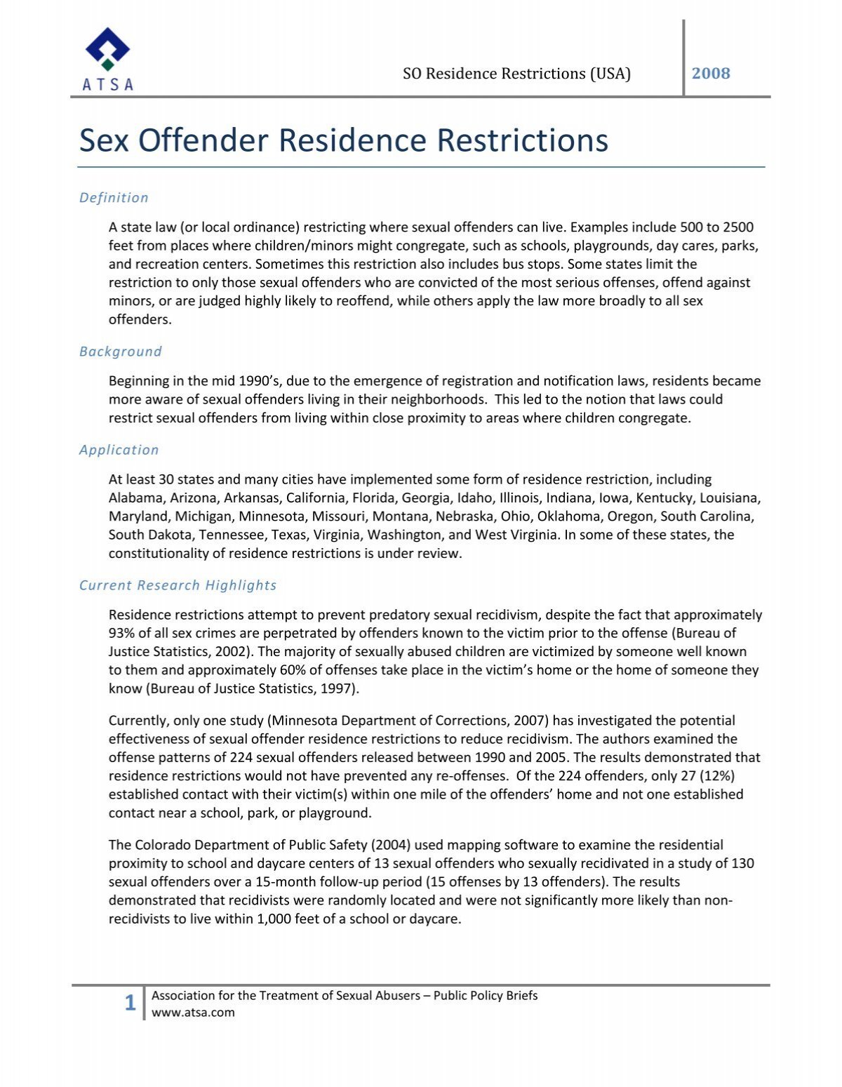 Residency Restrictions Center For Sex Offender Management 3176